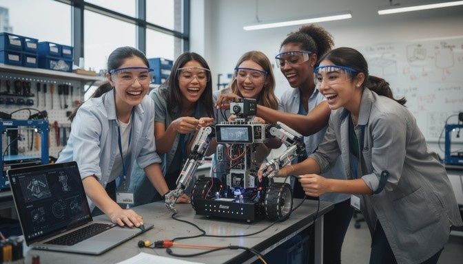 Fünf Personen arbeiten gemeinsam an einem mobilen Roboter in der Werkstatt